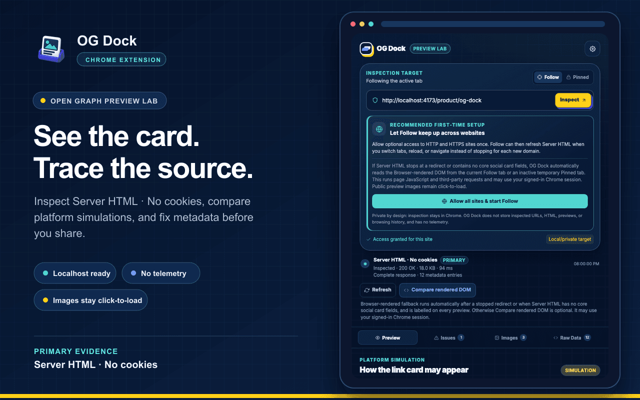 หน้าจอ OG Dock แสดง inspection target, Server HTML และ platform preview